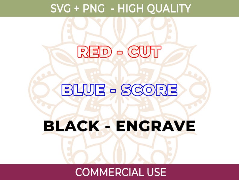 May include: A digital design graphic with the text "RED - CUT", "BLUE - SCORE", and "BLACK - ENGRAVE". The design is set against a decorative background and includes the text "SVG + PNG - HIGH QUALITY" and "COMMERCIAL USE".