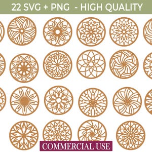 File SVG per il taglio laser di Mandala Coaster – 22 intricati disegni di sottobicchieri rotondi per Glowforge, Cricut, incisione laser – pacchetto di download digitale