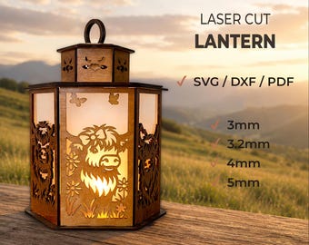 3D Highland Cow Lantern SVG PDF DXF, Laser Cut Farmhouse Candle Holder Template, Glowforge, Cricut File, Rustic Cow Decor, Commercial Use
