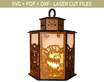 3D Highland Cow Lantern SVG PDF DXF, Laser Cut Farmhouse Candle Holder Template, Glowforge, Cricut File, Rustic Cow Decor, Commercial Use