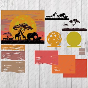 May include: Silhouette of an African savanna sunset with a large, yellow moon. The scene includes a giraffe, zebra, elephant, and other animals. The image is divided into sections for a layered paper craft project.