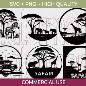 May include: Black and white safari-themed SVG and PNG designs. The designs include silhouettes of zebras, elephants, giraffes, trees, and a safari vehicle. The word "SAFARI" is included in some designs. The text "SVG + PNG - HIGH QUALITY" and "COMMERCIAL USE" are also included.