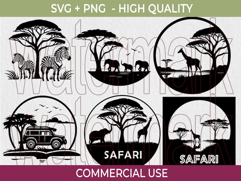 May include: Black and white safari-themed SVG and PNG designs. The designs include silhouettes of zebras, elephants, giraffes, trees, and a safari vehicle. The word "SAFARI" is included in some designs. The text "SVG + PNG - HIGH QUALITY" and "COMMERCIAL USE" are also included.