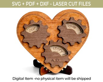 Gear Heart SVG | Steampunk Mechanical Heart Laser Cut File | Glowforge CNC SVG | Romantic Heart 3D Laser Cut File for Weddings & Couples