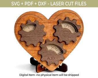 Mechanical Gear Heart Laser Cut File – Heart Keepsake with Stand | SVG PDF DXF Digital Download for Dyi Valentine’s & Anniversary Gifts