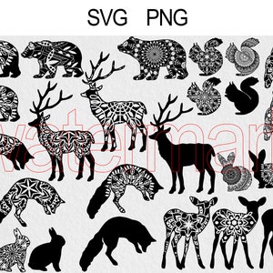 Woodland Animals Svg Bundle, Licence commerciale incluse, Clipart Mandala, Zentangle Bear, Fox, Deer, Bunny, Stag, Owl