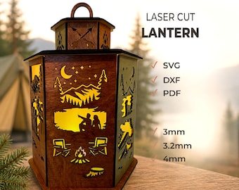 Camping Lantern SVG | Laser Cut Lantern File | 6 Panel Forest Tent Campfire Design | Glowforge Cricut Light Box - Couple Camping Gift