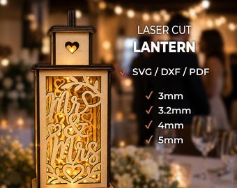 Wedding Lantern SVG Laser Cut File - Personalised Glowforge Wedding Centerpiece - Mr & Mrs Tea Light Holder | Wedding Decor SVG Dxf Pdf