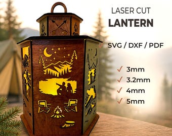 Camping Lantern SVG | Laser Cut Lantern File | 6 Panel Forest Tent Campfire Design | Glowforge Cricut Light Box - Couple Camping Gift