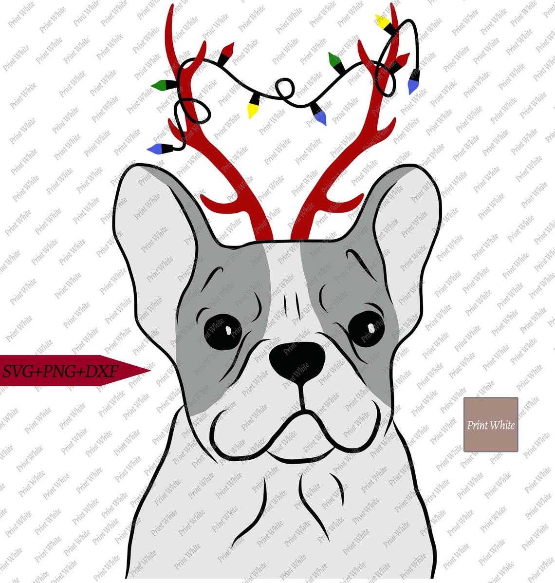 French Bulldog with Antlers and Christmas Lights Clipart Svg | Etsy