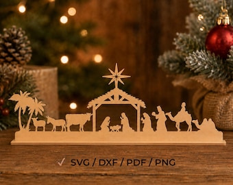 May include: A laser-cut wooden nativity scene silhouette featuring a stable with a star, palm trees, animals, and figures. The text "COMMERCIAL USE - DIGITAL FILES" appears at the top, and "✓ SVG / DXF / PDF / PNG" is printed at the bottom.