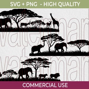 May include: Black silhouette illustrations of African wildlife, including elephants, giraffes, and antelopes, set against acacia trees and grassy plains. The image includes the text "SVG + PNG - HIGH QUALITY" and "COMMERCIAL USE".