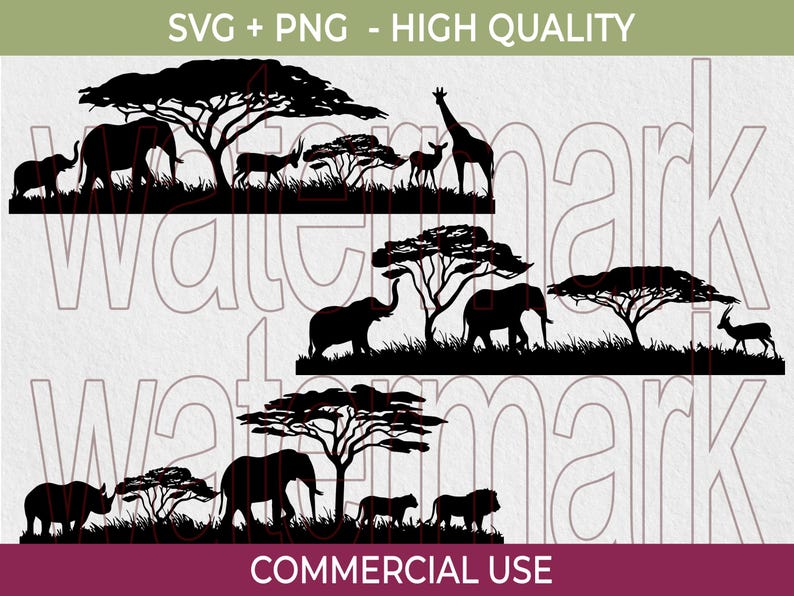 May include: Black silhouette illustrations of African wildlife, including elephants, giraffes, and antelopes, set against acacia trees and grassy plains. The image includes the text "SVG + PNG - HIGH QUALITY" and "COMMERCIAL USE".
