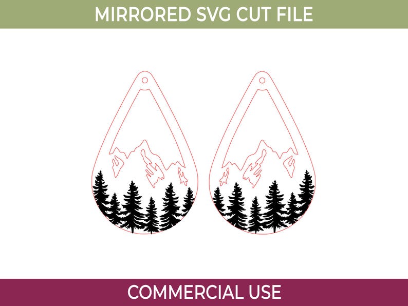 May include: Mirrored SVG cut file featuring two teardrop-shaped designs. Each design has a mountain range silhouette above a row of black pine trees. The text "COMMERCIAL USE" is at the bottom.