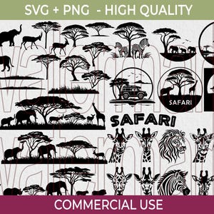 May include: A selection of black silhouette graphics depicting African safari animals and scenery. Includes elephants, giraffes, zebras, lions, trees, and a safari vehicle. Text includes "SVG + PNG - HIGH QUALITY" and "SAFARI".