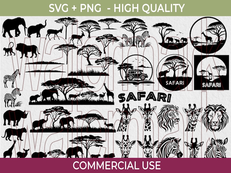 May include: A collection of black silhouette graphics featuring African safari animals and landscapes. Includes elephants, giraffes, zebras, lions, trees, and a safari vehicle. Text includes "SVG + PNG - HIGH QUALITY" and "SAFARI".