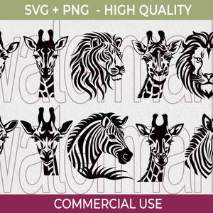 May include: Black and white SVG and PNG animal graphics, including giraffes, lions, and zebras. The text "SVG + PNG - HIGH QUALITY" and "COMMERCIAL USE" are displayed.