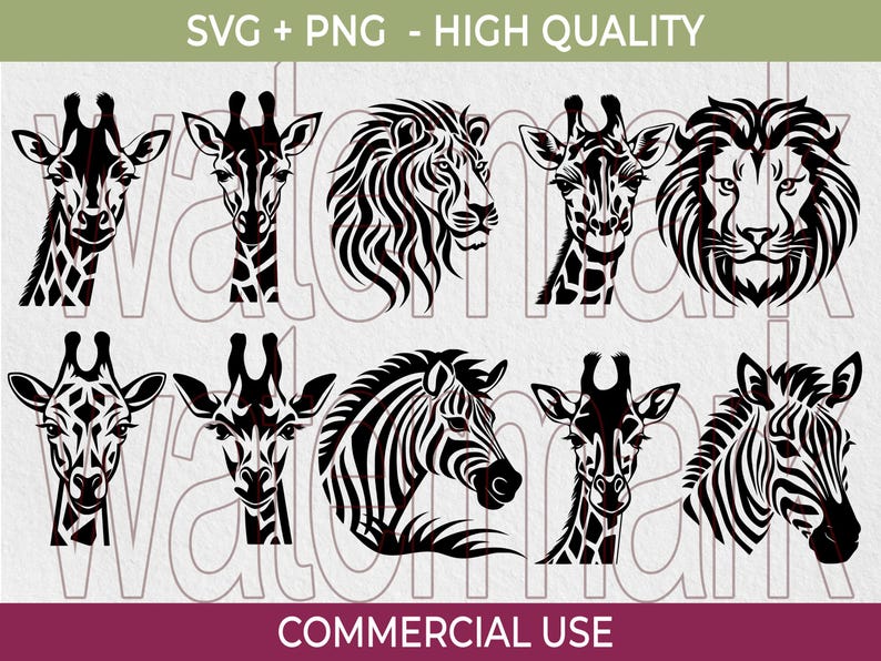 May include: Black and white SVG and PNG animal graphics, including giraffes, lions, and zebras. The text "SVG + PNG - HIGH QUALITY" and "COMMERCIAL USE" are displayed.