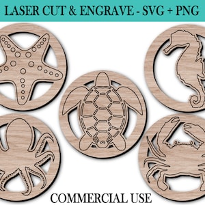 Pacchetto SVG Costers nautico, file tagliati al laser sottopentola, file di taglio Glowforge, tartaruga Cricut, cavalluccio marino, polpo, stella marina granchio, design estivo