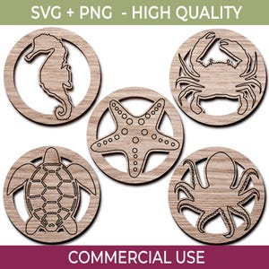 Nautical Coasters SVG Bundle: Laser Cut Turtle, Seahorse, Crab, Starfish (PNG)