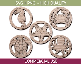 Nautical Coasters SVG Bundle: Laser Cut Turtle, Seahorse, Crab, Starfish (PNG)