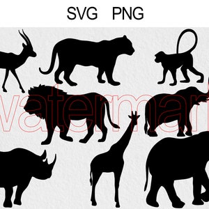 Pacote Safari Animal Svg, licença comercial incluída, leão, tigre, elefante, girafa, gazela, macaco, silhueta de hipopótamo, arquivo de corte