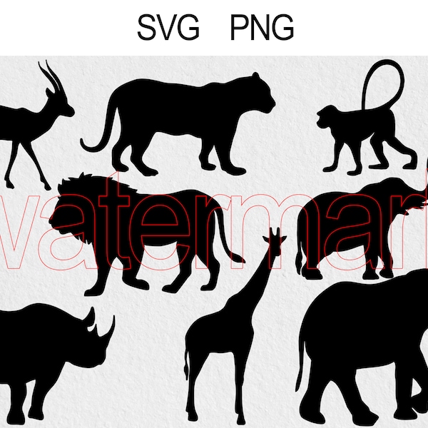 Safari Animal Svg Bundle, Commercial Licence Included, Lion, Tiger, Elephant, Giraffe, Gazelle, Monkey, Hippo Silhouette, Cutting File