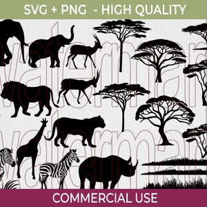 May include: Black silhouette illustrations of African animals and trees. Includes elephants, giraffes, zebras, lions, rhinos, and various tree and plant designs. The text "SVG + PNG - HIGH QUALITY" is at the top.