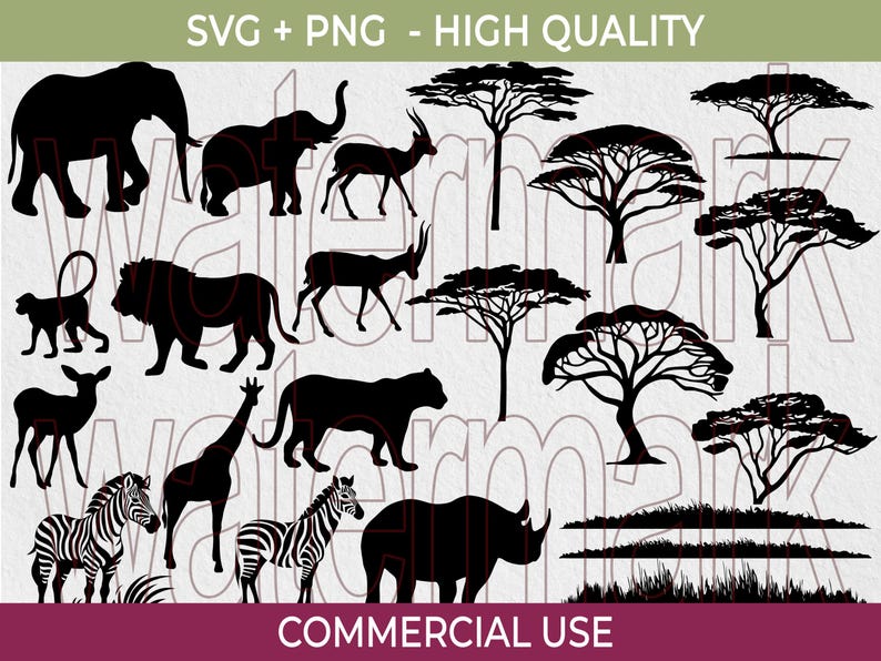 May include: Black silhouette illustrations of African animals and trees. Includes elephants, giraffes, zebras, lions, rhinos, and various tree and plant designs. The text "SVG + PNG - HIGH QUALITY" is at the top.