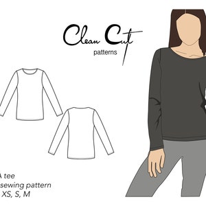 ELSA tee PDF sewing pattern XS, S, M. Long sleeve, semi-fitted basic tee with a bound scoop neckline.