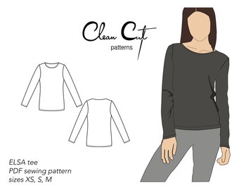 ELSA T シャツ PDF 縫製パターン XS、S、M。 長袖、セミフィットのベーシックな T シャツ、縁取りのスクープ ネックライン。