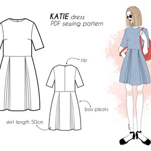 KATIE dress PDF sewing pattern. Easy fit, round neck, above knee length, double box pleats front & back, 3/4 sleeve, smart casual or dressy.