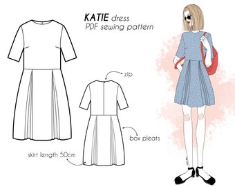 KATIE dress PDF sewing pattern. Easy fit, round neck, above knee length, double box pleats front & back, 3/4 sleeve, smart casual or dressy.