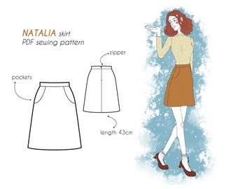 NATALIA skirt PDF sewing pattern. A-line, sits at natural waist, zipper fastening at centre back, two pockets at front, no darts, easy make.