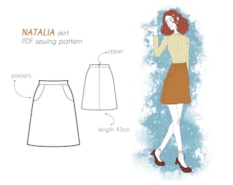 NATALIA スカートの PDF 縫製パターン。A ライン、自然なウエスト、背面中央にジッパー留め、前面にポケット 2 つ、ダーツなし、簡単に作れます。