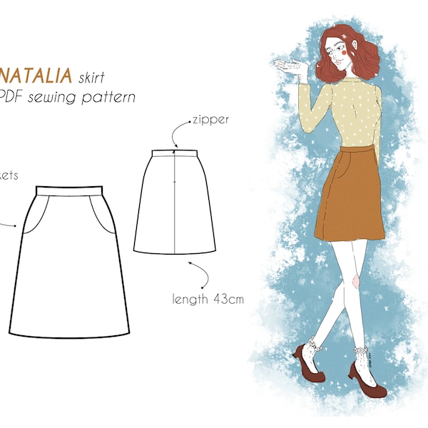 NATALIA skirt PDF sewing pattern. A-line, sits at natural waist, zipper fastening at centre back, two pockets at front, no darts, easy make.