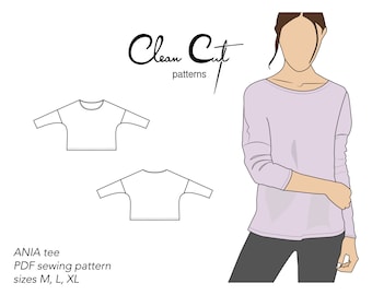 ANIA PDF 縫製パターン M、L、XL。長袖、ドロップショルダー、セミフィットのレディース T シャツ ジャージー トップ、スクープ ネックライン。