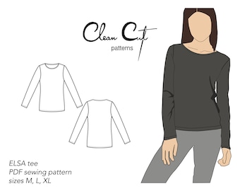 ELSA T シャツ PDF 縫製パターン M、L、XL。 長袖、セミフィットのベーシックな T シャツ、縁取りのスクープ ネックライン。