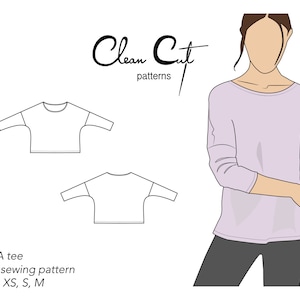 ANIA PDF sewing pattern XS, S, M. Long sleeve, drop shoulder semi-fitted ladies t-shirt jersey top with a scoop neckline.