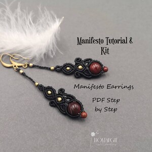 May include: Black and red beaded earrings with gold accents. The earrings are part of a kit that includes a PDF tutorial for making the earrings. The text on the image reads "Manifesto Tutorial & Kit" and "Manifesto Earrings PDF Step by Step".