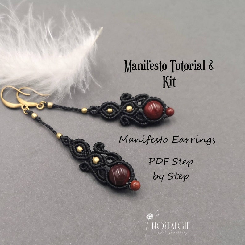 May include: Black and red beaded earrings with gold accents. The earrings are part of a kit that includes a PDF tutorial for making the earrings. The text on the image reads "Manifesto Tutorial & Kit" and "Manifesto Earrings PDF Step by Step".