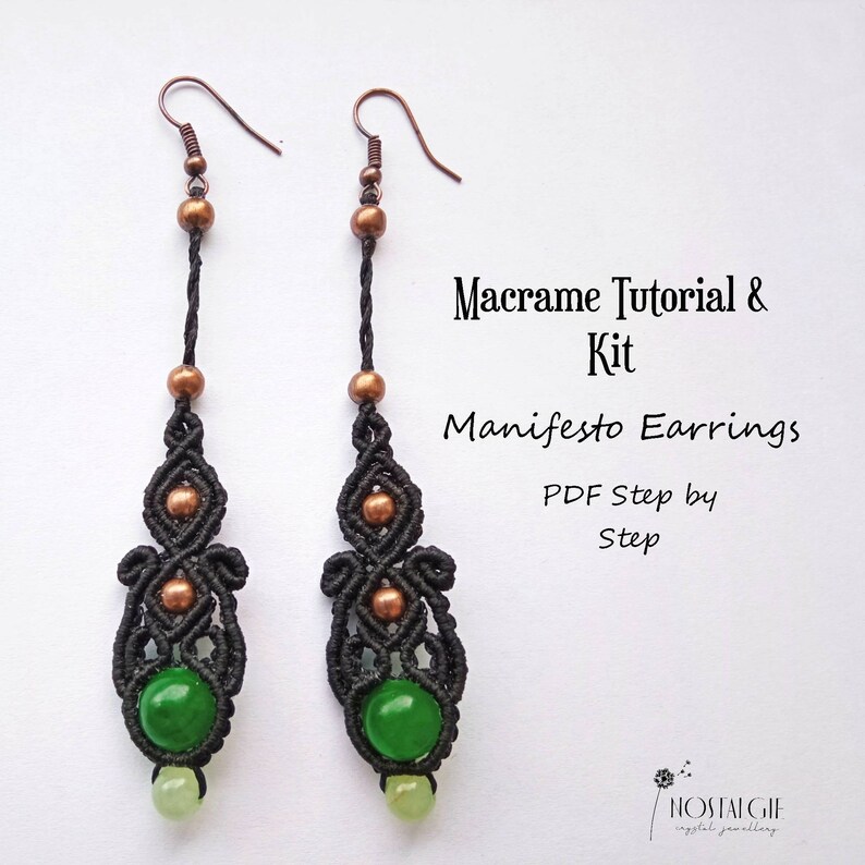 May include: A pair of black macrame earrings with green stone beads and copper accents. The earrings are hanging from copper hooks. The image includes the text "Macrame Tutorial & Kit Manifesto Earrings PDF Step by Step".