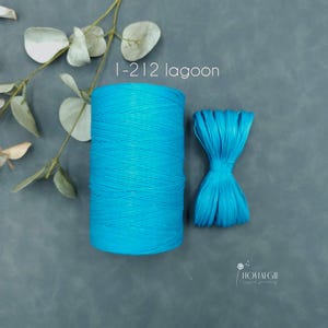 May include: A spool of bright turquoise cord next to a bundle of the same cord, labeled "I-212 lagoon." The cord is tightly wound and appears to be made of a durable material. The background is a muted teal color, with a sprig of greenery in the upper left corner.