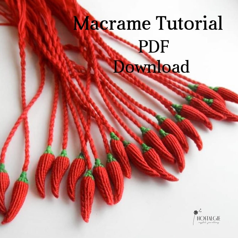 Peut inclure: Gros plan sur un groupe d'ornements en macram&eacute; en forme de piments rouges avec des sommets verts. Le texte "Macrame Tutorial PDF Download" est en haut de l'image.