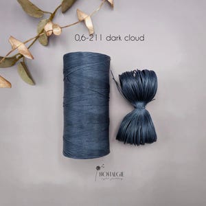 Puede incluir: Un carrete de hilo azul oscuro y una borla se muestran sobre una superficie gris. El texto "0,6-211 dark cloud" es visible. El carrete es cilíndrico y la borla está hecha del mismo hilo. La imagen también incluye una ramita de hojas.