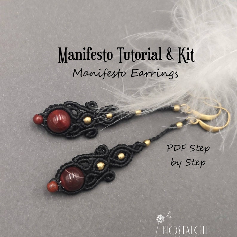 May include: A pair of long, black and gold earrings with red gemstone beads. The earrings are made with macrame knotting and feature a PDF step-by-step tutorial. The text "Manifesto Tutorial & Kit" and "Manifesto Earrings" are visible in the image.