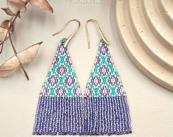 Pastel Beaded Fringe Earrings, Purple Bead Earrings, Dangle Seed Bead Earrings