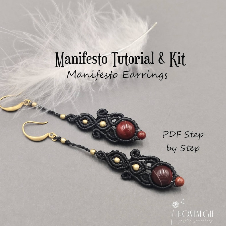 May include: Black and gold macrame earrings with red gemstone beads. The earrings are called "Manifesto Earrings" and come with a PDF step-by-step tutorial. The text "PDF Step by Step" is also included in the image.