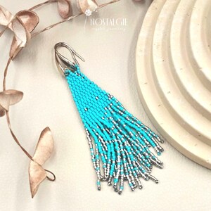 Long Blue Beaded Fringe Earrings, Beaded Dangle Earrings, Blue Silver Seed Bead Drop Earrings