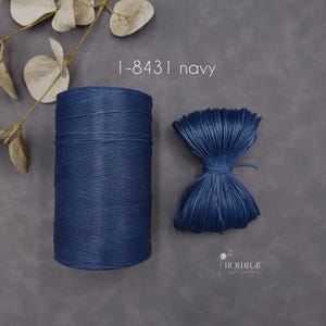 May include: Two navy blue spools of waxed cord, one rolled and one bundled, sit on a gray surface. The text "1-8431 navy" is visible. The Nostalgii logo is in the lower right corner.